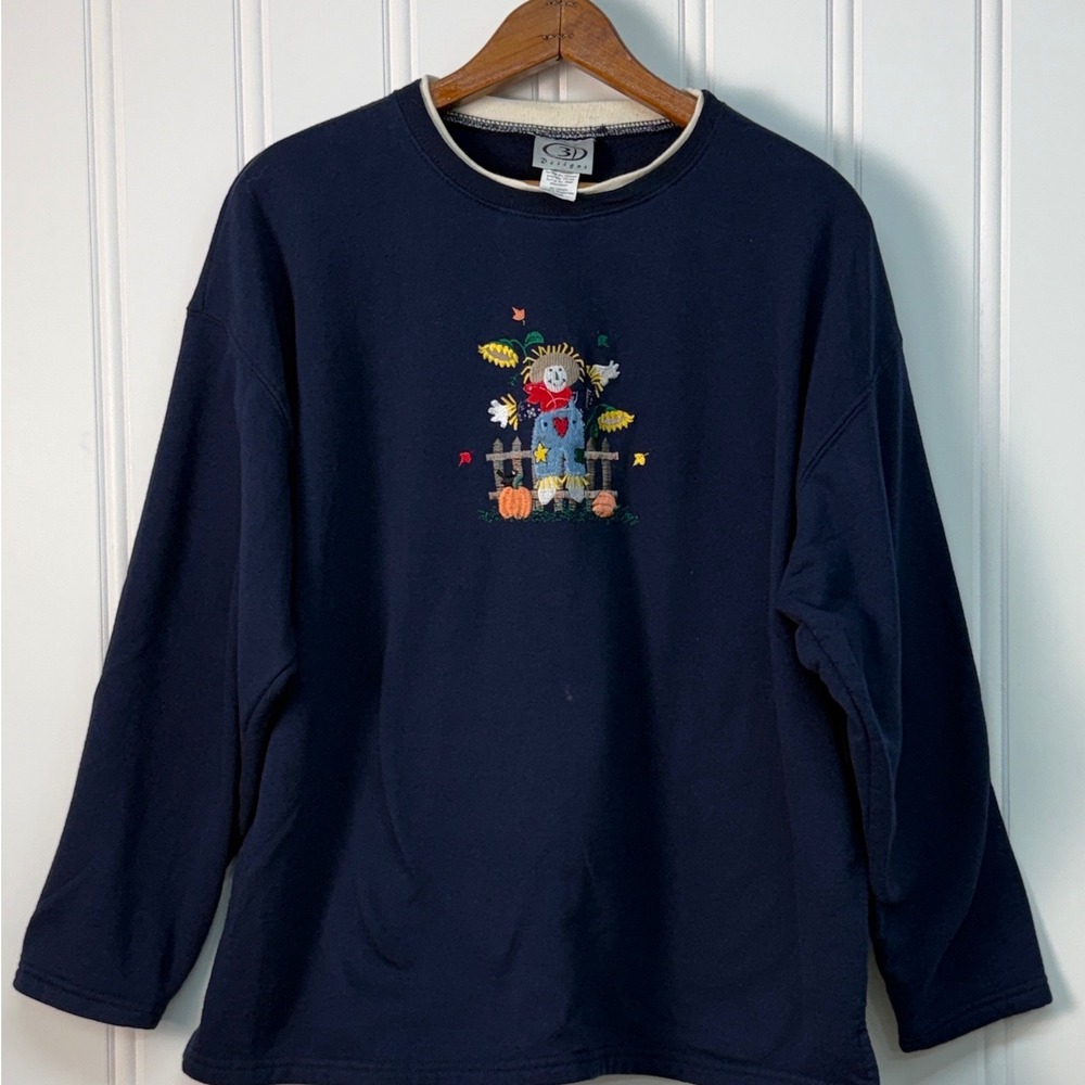Fall Harvest Sweatshirt Women Large Navy Scarecrow Embroidered Cozy 3D Designs